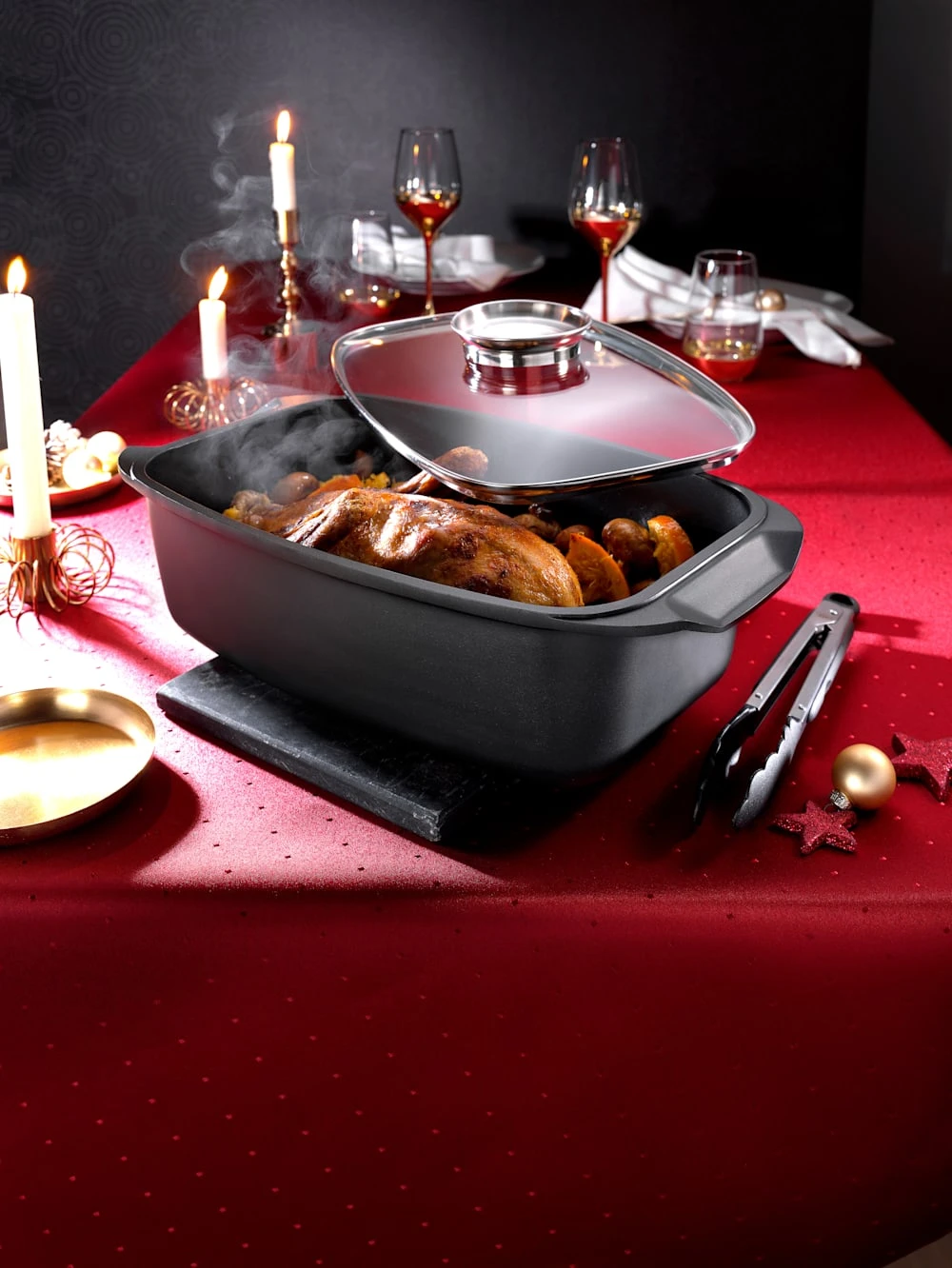 ELO Universalbräter Mit Aroma-Glasdeckel & Servierzange 1 ELO Universalbräter Mit Aroma-Glasdeckel & Servierzange