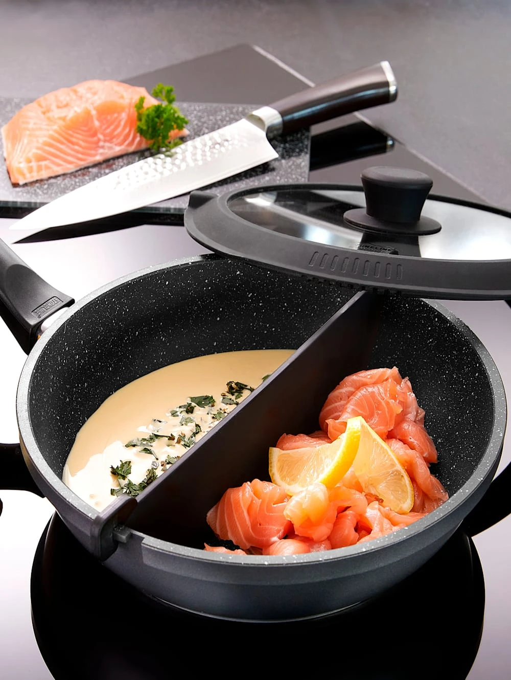 Halb- & Halb-Pfanne Mit Herausnehmbarer Abtrennung & Deckel Mit Abgießfunktion, Ø 24 Cm 5 Halb- & Halb-Pfanne Mit Herausnehmbarer Abtrennung & Deckel Mit Abgießfunktion, Ø 24 Cm – Bild 5